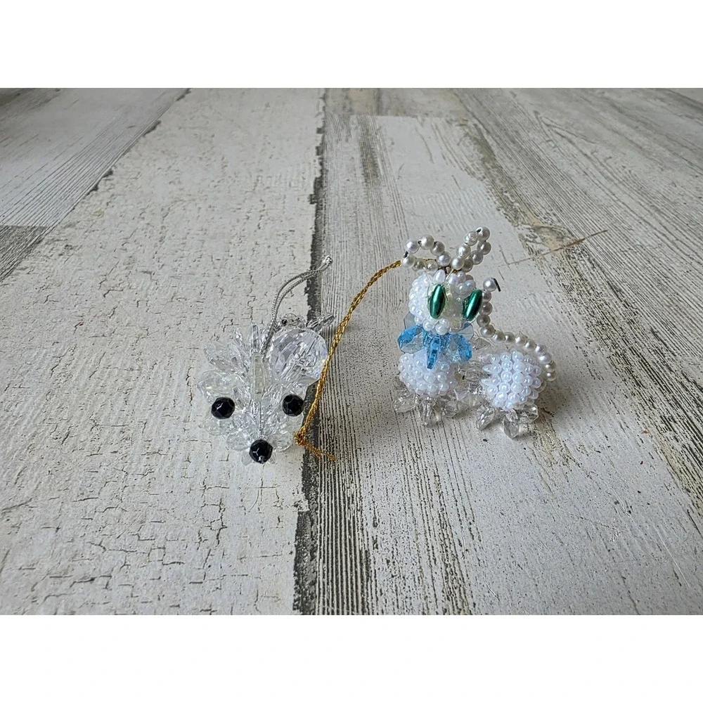 Vintage beaded cat mouse ornament mini pearls Xmas tree mouse